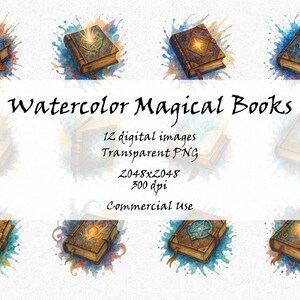 Watercolor Magical books - Digital Art - 12 High Quality PNG Images - 300dpi - Transparent Background - Commercial Use - Digital Download