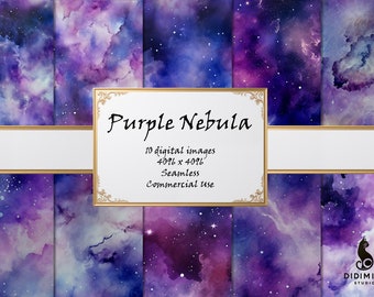 Papel Digital Nebulosa Roxa | Texturas Cósmicas Galácticas Sem Emenda | 10 Padrões para Uso Comercial