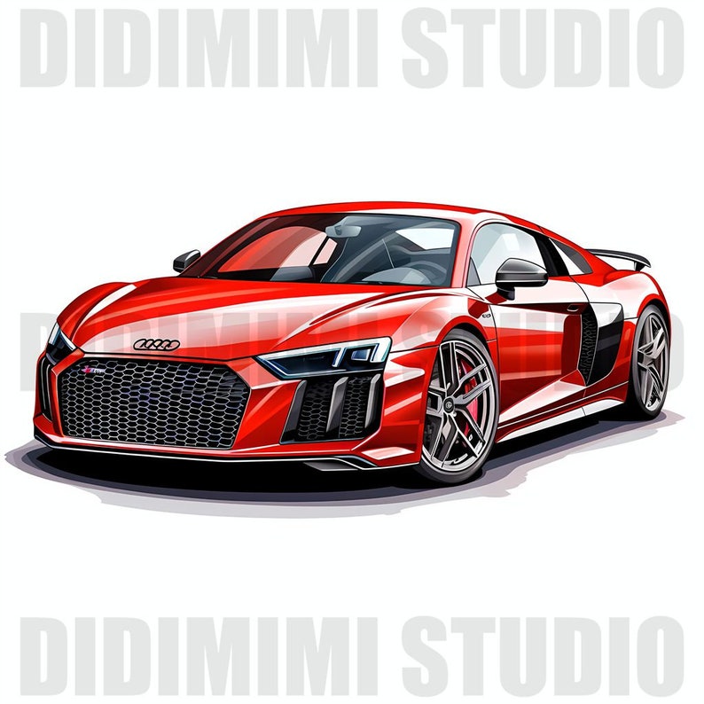 May include: A red Audi R8 sports car with black accents and a black grille. The car is facing the camera and is on a white background.