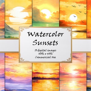 Pode incluir: Um conjunto de 10 imagens digitais de aquarela de pores do sol, cada uma com uma cena diferente de um p&ocirc;r do sol sobre uma massa de &aacute;gua. As imagens s&atilde;o de 4096 x 4096 pixels e s&atilde;o para uso comercial.