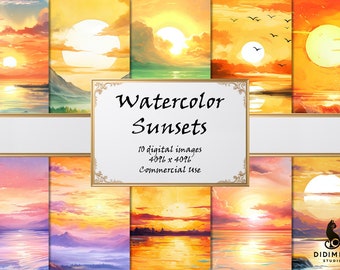 Digitaal papier aquarel zonsondergang | Naadloze oranje luchttexturen | 10 patronen voor commercieel gebruik