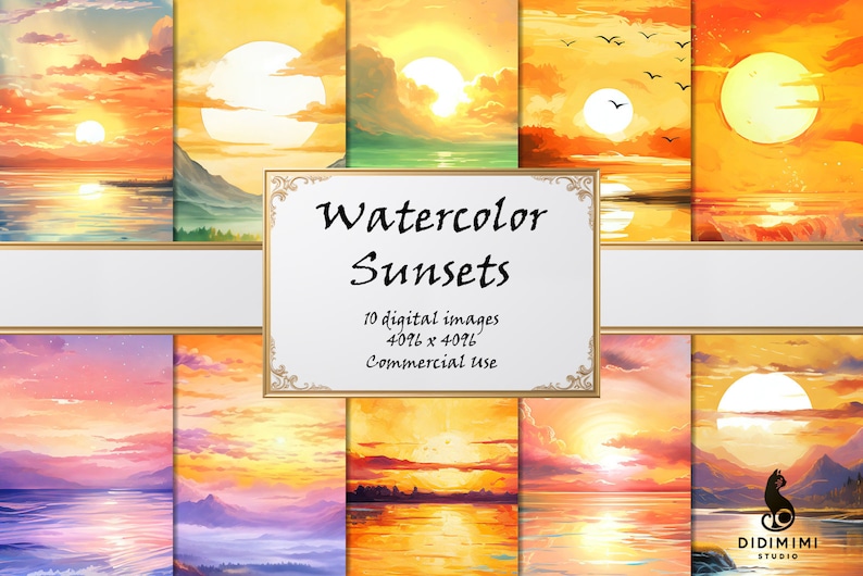 Pode incluir: Um conjunto de 10 imagens digitais de aquarela de pores do sol, cada uma com uma cena diferente de um p&ocirc;r do sol sobre uma massa de &aacute;gua. As imagens s&atilde;o de 4096 x 4096 pixels e s&atilde;o para uso comercial.