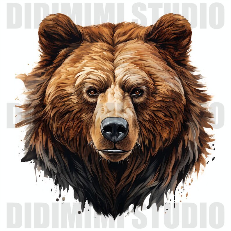 Puede incluir: Un retrato de primer plano de la cara de un oso pardo. El oso tiene una expresi&oacute;n seria con ojos oscuros y una nariz negra. El pelaje es detallado y texturizado, con un fondo suave y de acuarela.