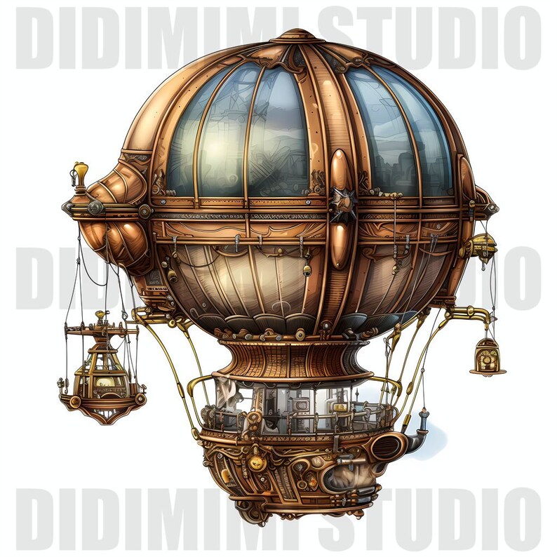 Pu&ograve; includere: Un pallone aerostatico in stile steampunk con finitura in rame e ottone. Il pallone ha una gondola grande, rotonda e chiusa in vetro con dettagli intricati e una gondola rotonda pi&ugrave; piccola e chiusa in vetro che pende sotto.
