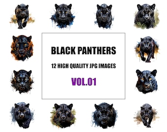Black Panthers Clipart - Vol 1 - Digital Art - 12 High Quality JPG Images - Wall Art - White Background - Commercial Use - Digital Download