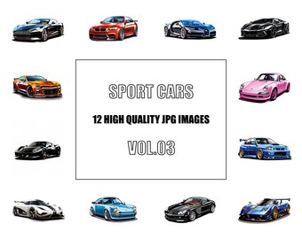 Sport Cars Clipart  - Vol 3 - Digital Art - 12 High Quality JPG Images - Wall Art - White Background - Commercial Use - Digital Download