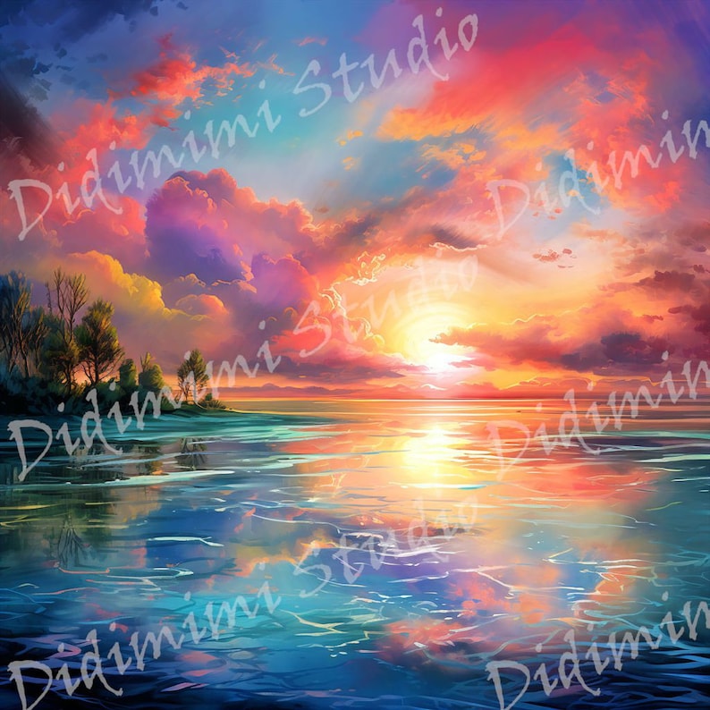 Pode incluir: Um p&ocirc;r do sol vibrante sobre um corpo de &aacute;gua tranquilo. O c&eacute;u &eacute; uma mistura de rosa, laranja e roxo, com nuvens fofas. O sol se p&otilde;e &agrave; dist&acirc;ncia, lan&ccedil;ando um brilho dourado na &aacute;gua.