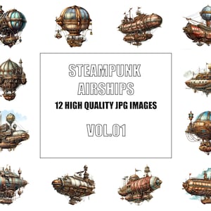 Steampunk Airships Clipart - Digital Art - 12 High Quality JPG Images - Wall Art - White Background - Commercial Use - Digital Download