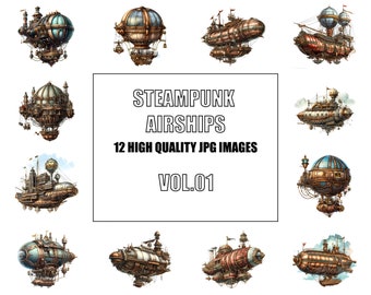 Steampunk Airships Clipart - Digital Art - 12 High Quality JPG Images - Wall Art - White Background - Commercial Use - Digital Download
