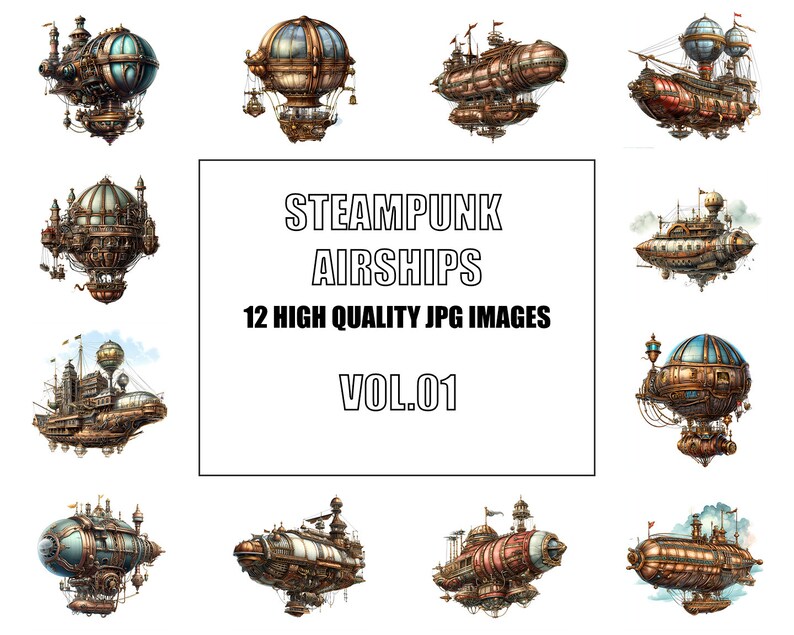 Pu&ograve; includere: Dodici illustrazioni digitali di dirigibili steampunk. Ogni dirigibile &egrave; unico e presenta dettagli intricati, tra cui ingranaggi, tubi e altri elementi steampunk. Le illustrazioni sono in stile vintage e sono perfette per l'uso in progetti digitali.