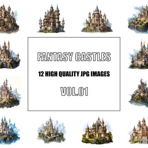 Fantasy Castles Clipart - Digital Art - 12 High Quality JPG Images - Wall Art - White Background - Commercial Use - Digital Download