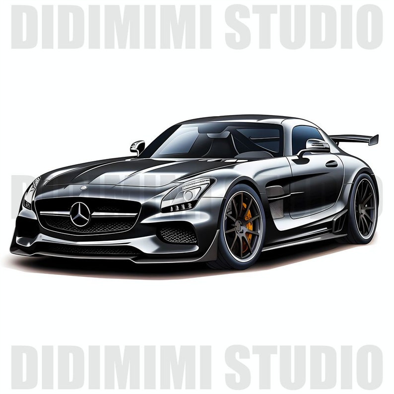 May include: A black Mercedes-Benz AMG GT S sports car with a black and silver stripe on the side. The car has a black interior and a black spoiler.