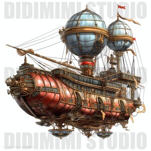 Pu&ograve; includere: Un dirigibile in stile steampunk con uno scafo rosso e dorato, pi&ugrave; finestre e un grande pallone di forma sferica blu e dorato. Il dirigibile ha un grande albero di legno marrone e una bandiera rossa.