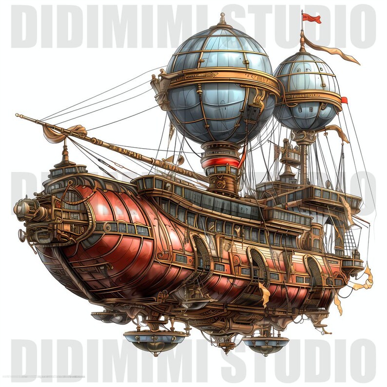 Pu&ograve; includere: Un dirigibile in stile steampunk con uno scafo rosso e dorato, pi&ugrave; finestre e un grande pallone di forma sferica blu e dorato. Il dirigibile ha un grande albero di legno marrone e una bandiera rossa.