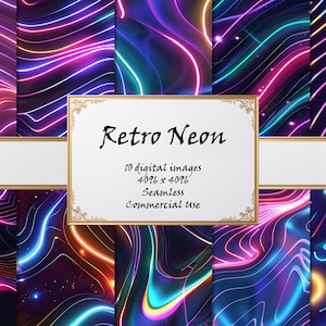 May include: A collection of ten digital images with a retro neon theme. The images feature vibrant, glowing lines in shades of pink, blue, and orange against a dark background. The text "Retro Neon" is displayed on a white frame.