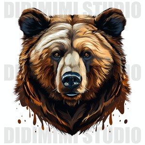 Puede incluir: Un retrato de cerca de un oso pardo sobre un fondo blanco. El pelaje del oso est&aacute; detallado con tonos marrones, negros y blancos. Los ojos del oso son marrones oscuros y su nariz es negra. La boca del oso est&aacute; cerrada y su lengua no es visible. Las orejas del oso son grandes y puntiagudas. El pelaje del oso est&aacute; ligeramente h&uacute;medo y hay gotas de agua en su pelaje.