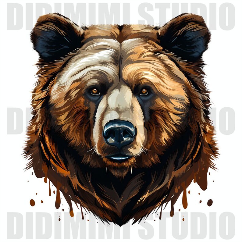 Puede incluir: Un retrato de cerca de un oso pardo sobre un fondo blanco. El pelaje del oso est&aacute; detallado con tonos marrones, negros y blancos. Los ojos del oso son marrones oscuros y su nariz es negra. La boca del oso est&aacute; cerrada y su lengua no es visible. Las orejas del oso son grandes y puntiagudas. El pelaje del oso est&aacute; ligeramente h&uacute;medo y hay gotas de agua en su pelaje.