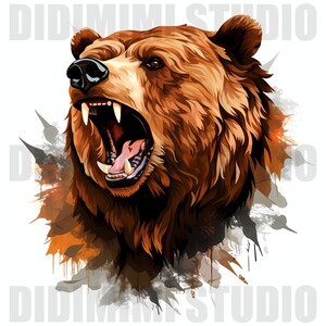 Puede incluir: Primer plano de un oso pardo con la boca abierta, mostrando sus dientes. El oso est&aacute; sobre un fondo blanco con un efecto de acuarela en el fondo.