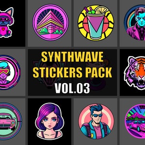 May include: A set of ten colorful synthwave stickers featuring a variety of designs, including a tiger, a cityscape, a cocktail, a cartoon character, and a car. The stickers are all circular and have a retro 80s aesthetic.