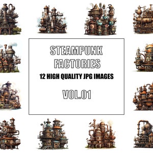 Steampunk Factory Clipart - Arte digitale - 12 immagini JPG di alta qualità - Arte della parete - Sfondo bianco - Uso commerciale - Download digitale