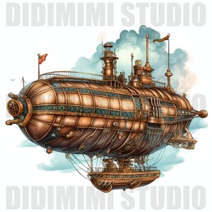 Pu&ograve; includere: Un dirigibile in stile steampunk con un esterno in rame e ottone, ingranaggi intricati e un grande pallone rotondo marrone. Il dirigibile ha un piccolo ponte in legno con una ringhiera e una bandiera che sventola in cima.