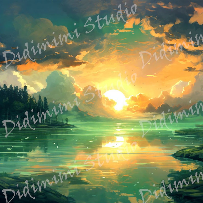 Pode incluir: Uma pintura digital de uma paisagem serena com um lago que reflete um p&ocirc;r do sol laranja brilhante. O c&eacute;u est&aacute; cheio de nuvens fofas, e uma pequena ilha com &aacute;rvores est&aacute; em primeiro plano.