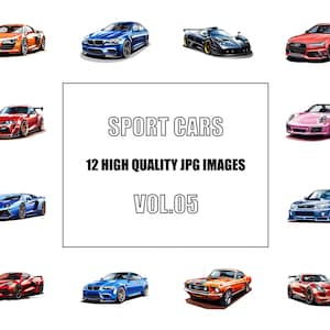 Sport Cars Clipart - Vol 5 - Digital Art - 12 High Quality JPG Images - Wall Art - White Background - Commercial Use - Digital Download