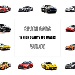 May include: A collection of 12 high-quality JPG images of different sports cars. The images are arranged in a grid pattern, with the text "SPORT CARS" and "12 HIGH QUALITY JPG IMAGES" in the center. The text "VOL.06" is below the text "12 HIGH QUALITY JPG IMAGES".