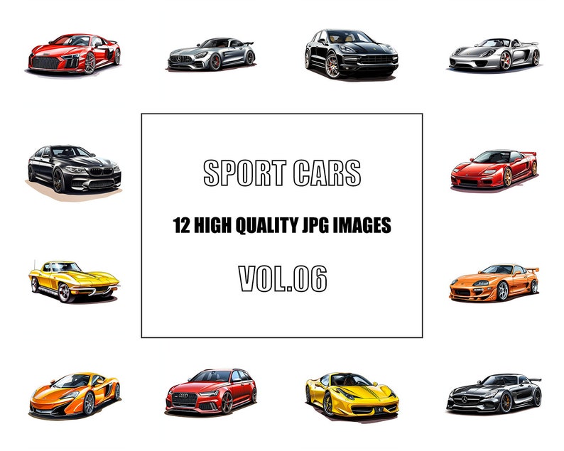 May include: A collection of 12 high-quality JPG images of different sports cars. The images are arranged in a grid pattern, with the text "SPORT CARS" and "12 HIGH QUALITY JPG IMAGES" in the center. The text "VOL.06" is below the text "12 HIGH QUALITY JPG IMAGES".