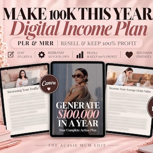 May include: A digital income plan guide titled MAKE 100K THIS YEAR with PLR and MRR rights. The document features 115 pages, is editable in Canva, and includes sections on increasing traffic and average order value, presented in a soft pink aesthetic.