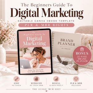 Op de afbeelding: Een digitaal marketing ebook sjabloon voor Canva met een tablet waarop een gidsomslag wordt weergegeven en een spiraalgebonden 22-pagina's tellende merkplanner. De tekst luidt The Beginners Guide To Digital Marketing en Bonus 22-Page Brand Planner.