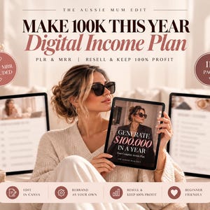 Könnte beinhalten: Ein digitales Produkt-Handbuch mit dem Titel The Aussie Mum Edit: Make 100K This Year Digital Income Plan. Das Dokument umfasst 115 Seiten, enthält PLR- und MRR-Rechte und ist zur Bearbeitung in Canva, zum Umbranden und zum Weiterverkauf.