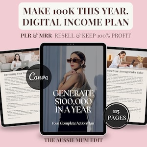 Può includere: Immagine di tre tablet su sfondo rosa. I tablet mostrano il testo: "MAKE 100K THIS YEAR. DIGITAL INCOME PLAN." Il tablet centrale mostra una donna e il testo "GENERATE $100,000 IN A YEAR." Gli altri tablet mostrano testo sull'aumento del traffico e del valore medio degli ordini.