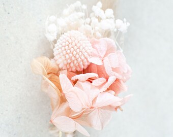 White pink Groom Wedding Buttonhole, Bride Mini Everlasting Boho Preserved Floral White Pink Rustic Hydrangea Flowers Groomsmen Boutonniere