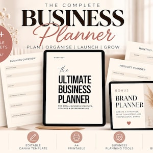 May include: A digital business planner set featuring a tablet displaying The Ultimate Business Planner and a smaller tablet showing a Brand Planner. Includes A4 printable worksheets for business overview, goals, monthly budget, and product planning.