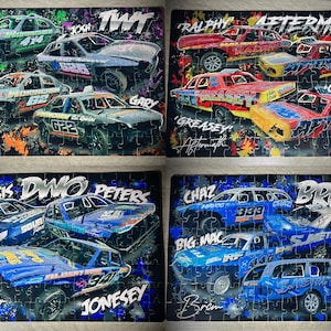 May include: Four jigsaw puzzles depicting stock cars with names such as "Jimmy", "Josh", "Harvey", and "Gary". The cars are in various colours, including blue, red, and green, with racing numbers and sponsor logos. The puzzles are set against a dark background.