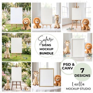 Pode incluir: Um pacote de mockups com sete designs. A imagem mostra telas em branco em cavaletes, obras de arte emolduradas e animais de pelúcia, incluindo um leão e uma girafa. O texto diz "Safari Signs Mockup Bundle" e "PSD & CANV".