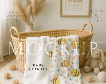 Baby Blanket Mockup, Velveteen Plush Blanket on a Crib Smart Mockup PSD, Minky Blanket Mockup, Nursery Fleece Blanket