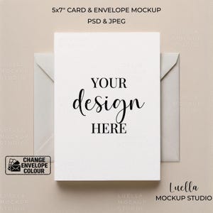 May include: A white 5x7 inch card with the text "YOUR design HERE" is displayed in front of a white envelope. The card and envelope are on a neutral background. The words "5x7" and "PSD & JPEG" are also visible.