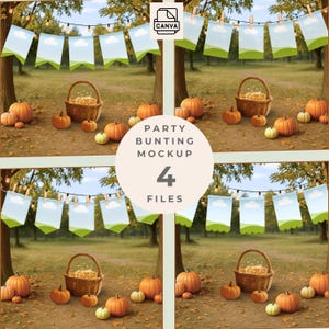 Fall Scene Bunting Mockup Canva Template, Autumn Bunting Flag Pack of 4 for Fall Party Decor, Pumpkin Scene, 5x7 Inch Drag & Drop Flags