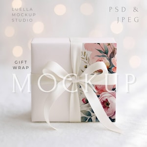 Gift Wrap Mockup, Wrapping Paper Gift Box with Cream Ribbon, Winter Wedding Packaging Mockup, PSD & JPEG, White Background smart object