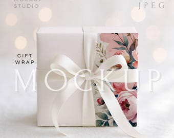 Gift Wrap Mockup, Wrapping Paper Gift Box with Cream Ribbon, Winter Wedding Packaging Mockup, PSD & JPEG, White Background smart object