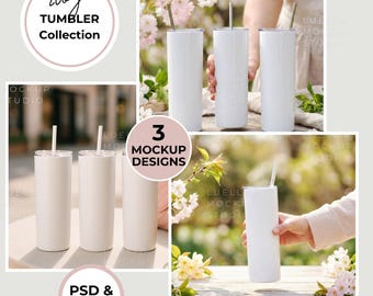 3 20oz Tumbler Mockup Bundle, Canva Drag and Drop, Photoshop PSD Smart Object, PNG Overlay, Tumbler Wrap Template