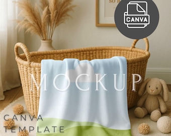 May include: A light blue and green blanket with the word "MOCKUP" printed on it is displayed in a wicker basket. The blanket has a cloud design. The words "CANVA TEMPLATE" are printed on the blanket. A stuffed bunny and decorative balls are nearby.
