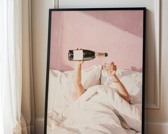 Champagner Kunstdruck, rosa über dem Bett Dekor, weibliches Kunstwerk (digitaler Download)
