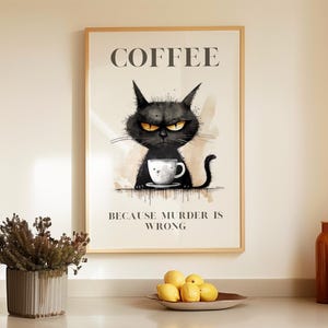 Affiche de café, impression de chat noir, art mural de cuisine drôle (téléchargement numérique)