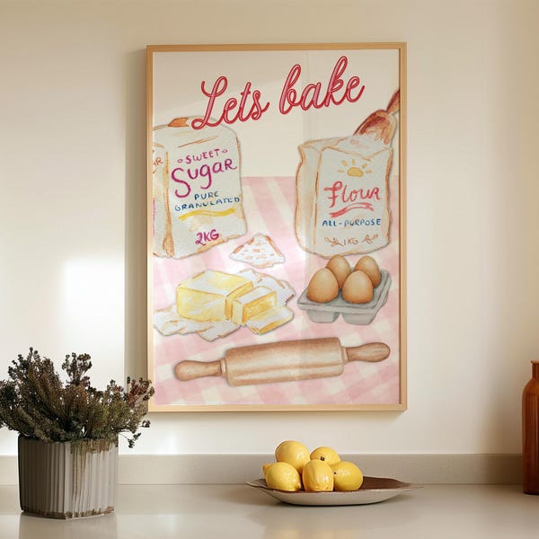 Retro Baking Print, Pink Kitchen Wall Art, Vintage Bakery Decor (Digital Download)