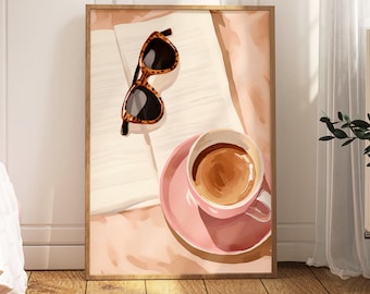 Coffee Bar Print Pink Kitchen Decor Feminine Cafe Wall Art (Digital Download)