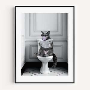Cute Animal Bathroom Photo Print, Cat on Toilet Poster, Funny Bathroom Poster, Toilet Poster, Black & White Print, Housewarming Gift