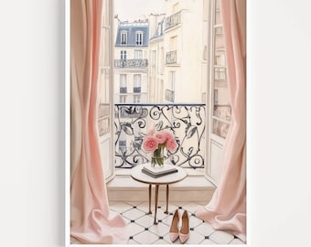 Watercolor Paris Balcony Art Print: Pastel Pink Feminine French Decor (Digital Download)